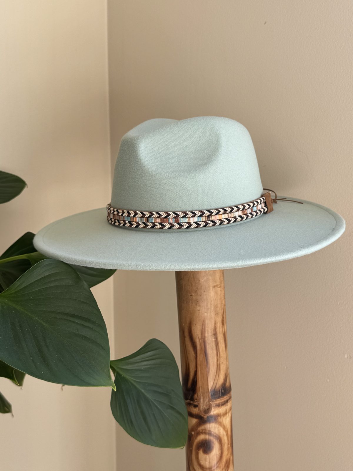 Mint fedora with dark beaded band