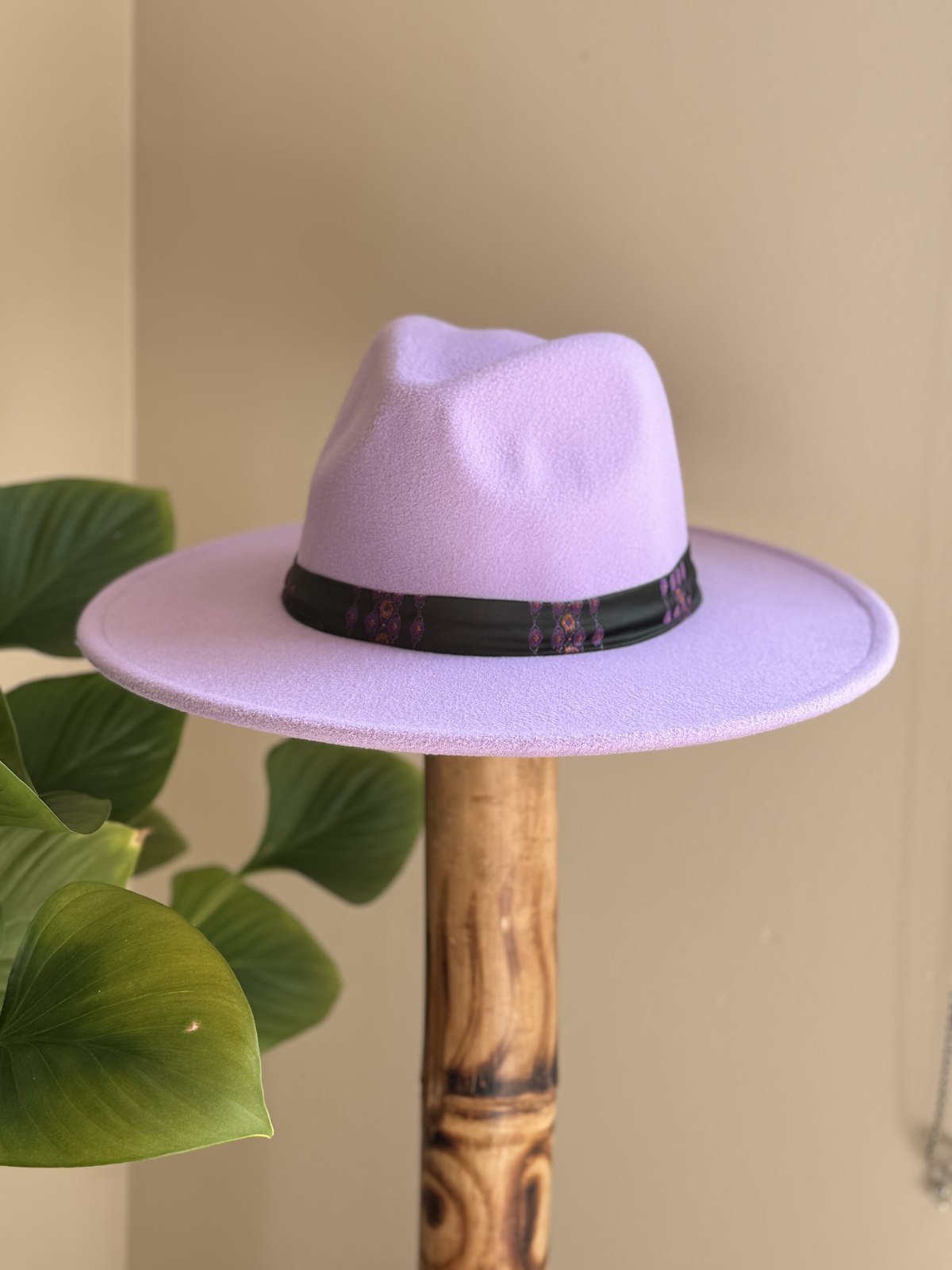 Lilac fedora with black woven trim band