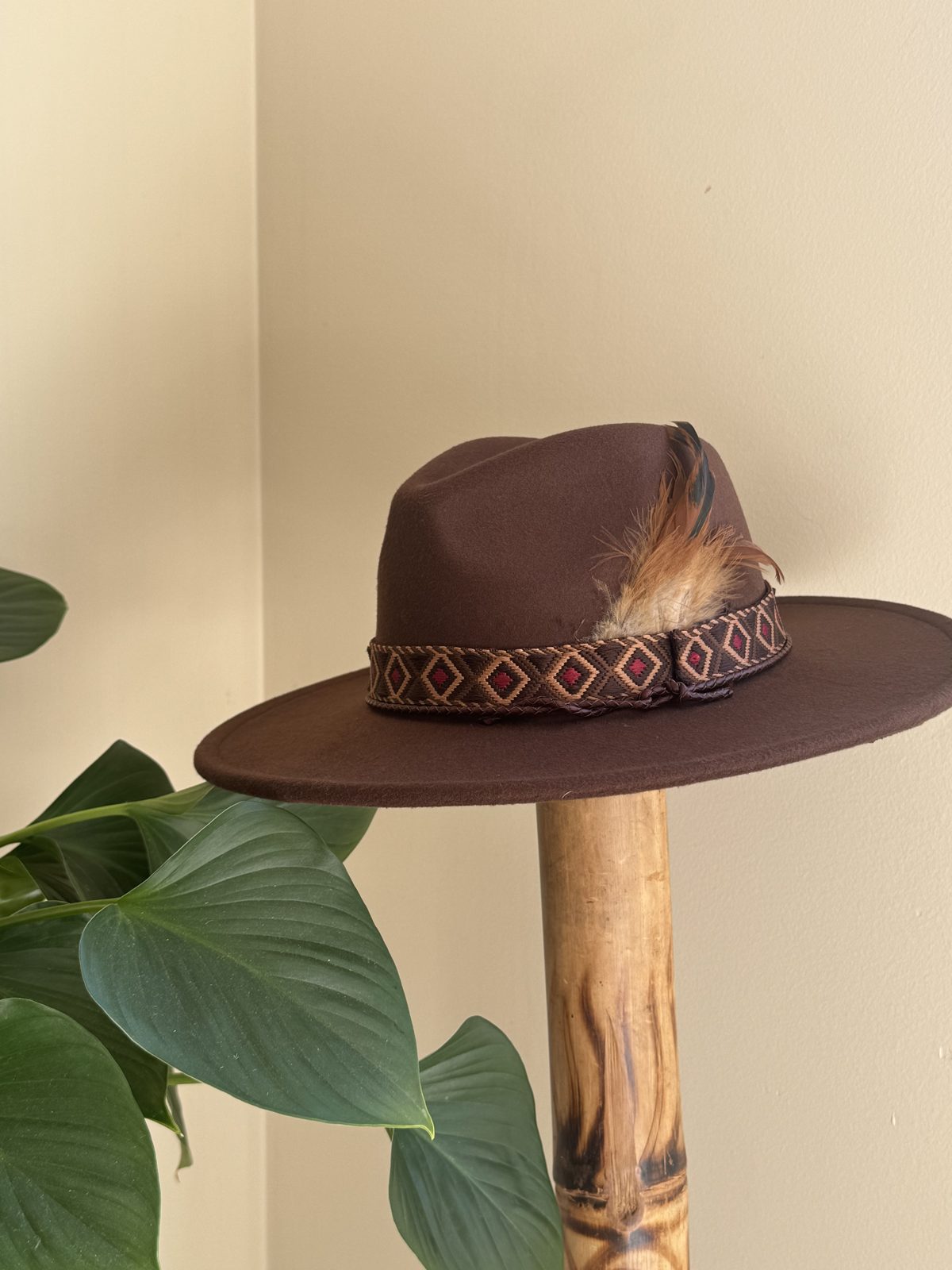 Tan fedora with feather and woven band
