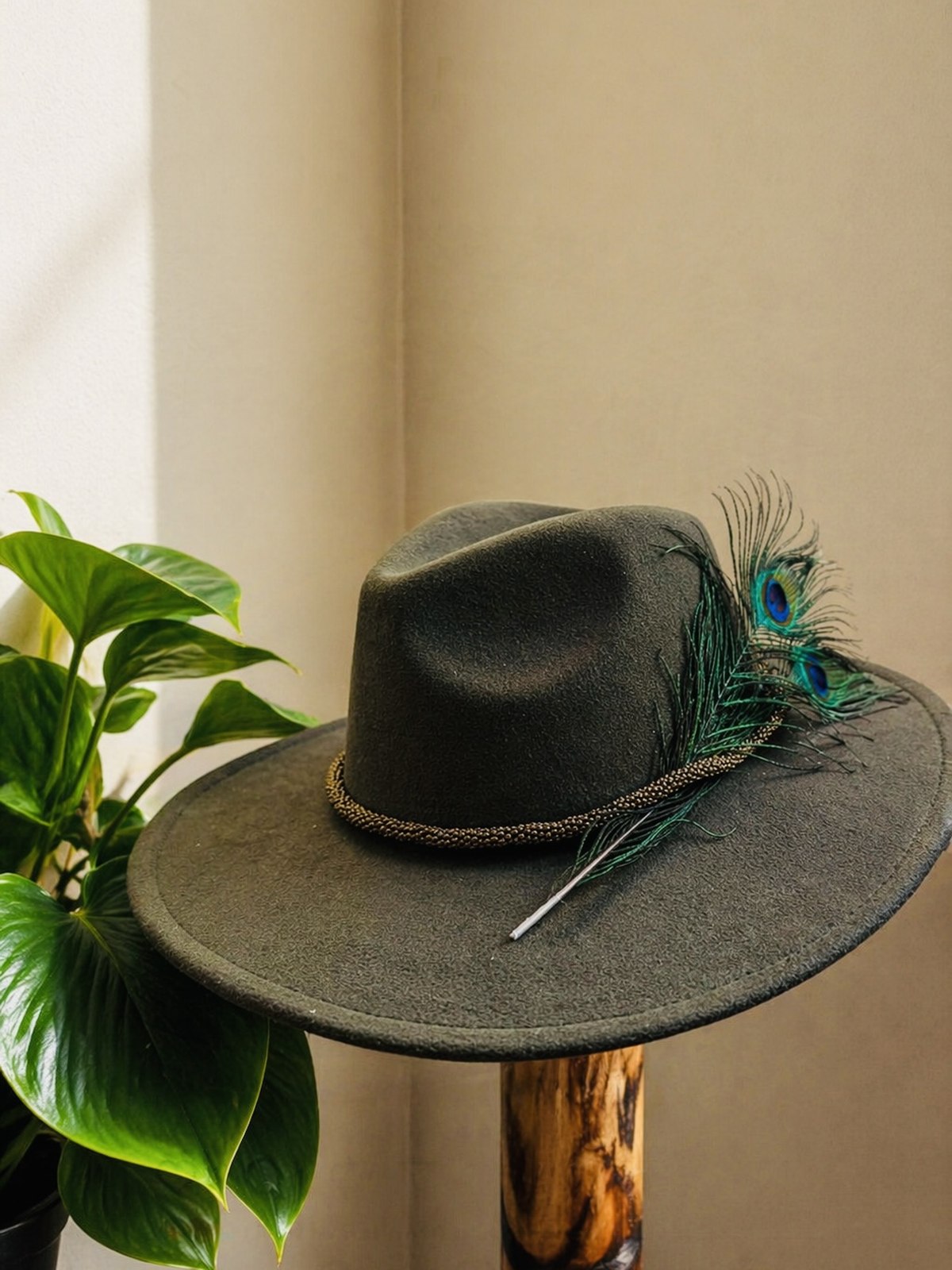 Forest green fedora with beaded band and peacock feathers