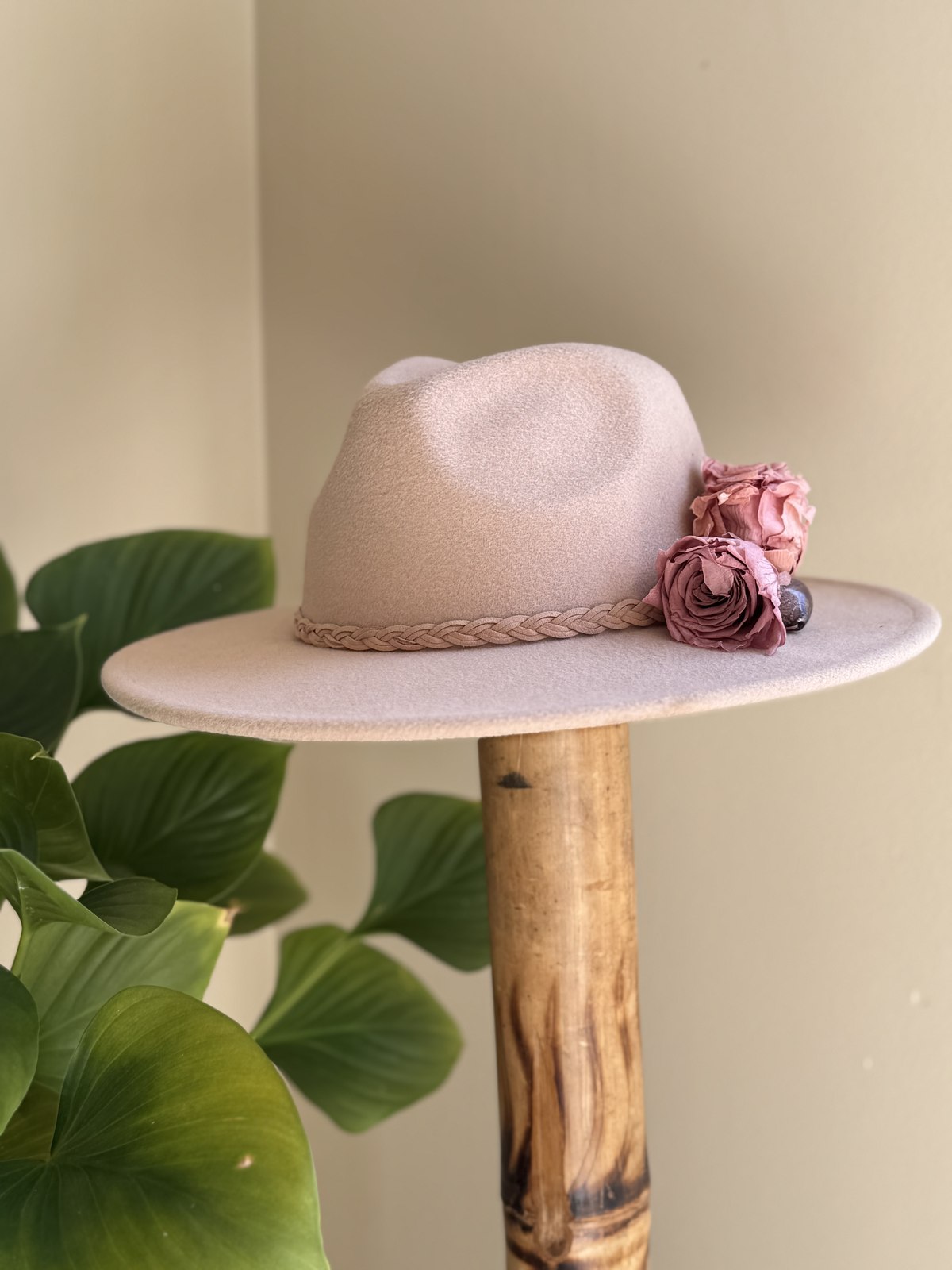 Cream fedora with braided cord and dried roses