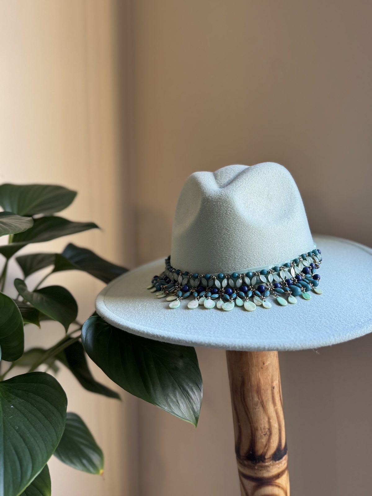 Sky blue fedora with dark beaded band