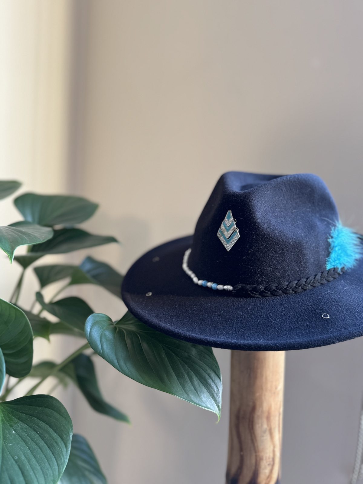 Black fedora with turquoise feather and diamond pin